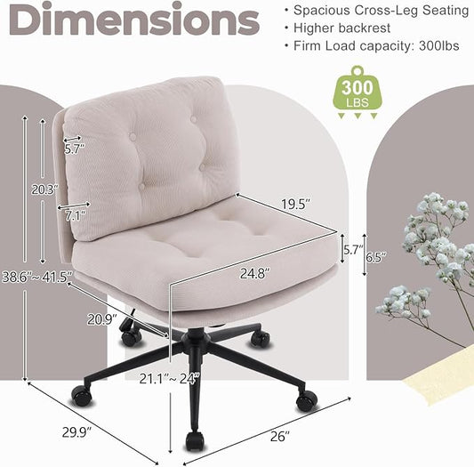 VINGLI Criss Cross Cloud Seat,Comfy Corduroy Cross Legged Office Desk Chair with/no Wheels,Cute Vanity Stool, Adjustable Wide Seat,Modern Swivel Perch for Study, Make Up, Home Office，Light Khaki