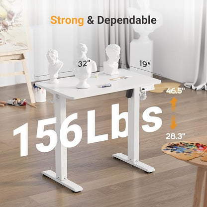 YDN 32" Small Electric Standing Desk Adjustable Height, Sit Stand up Desk with Memory Presets & Cable Management, Home Office Desk for Office & Computer Workstation, White Frame/White Top