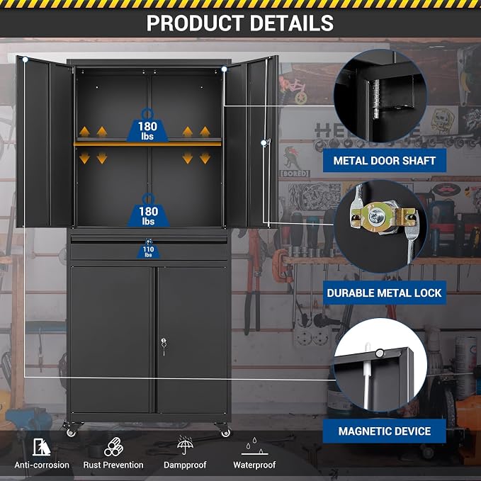 Fesbos 73" Metal Cabinet-Black Heavy Duty Rolling Storage Cabinet Steel Cabinets with Wheels, Shelves, Lockable Doors and Drawers- for Garage, Pantry, Warehouse - Assembly Required