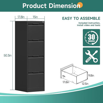 4 Drawer File Cabinet, Vertical Filing Cabinets for Home Office, 17.8" d Metal File Cabinets with Lock, Black Deep File Cabinets for Legal/Letter Size File, Easy Assembly