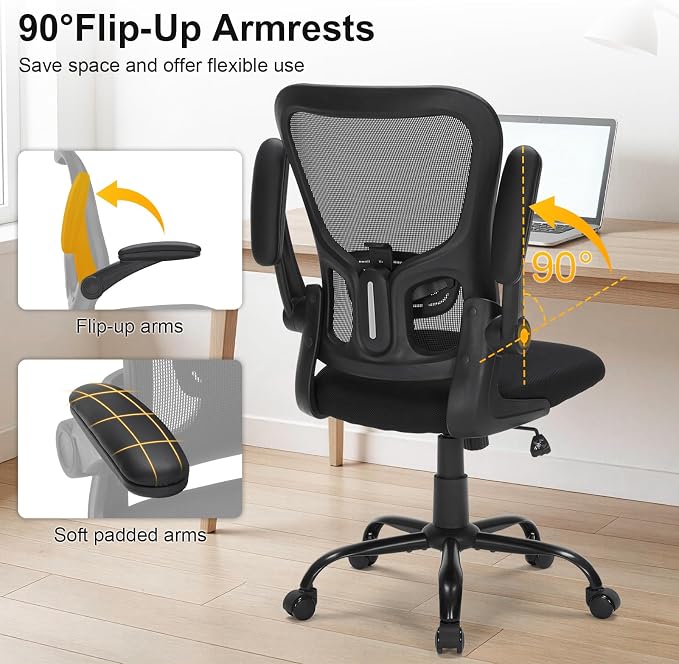 Ergonomic Mesh Office Chair with Adjustable Lumbar Support, Flip-Up Arms & Rolling Swivel Base, Breathable Computer Desk Chair for Home Office, Study & Remote Work, Black