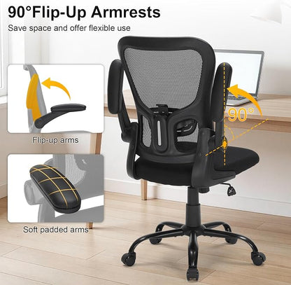 Ergonomic Mesh Office Chair with Adjustable Lumbar Support, Flip-Up Arms & Rolling Swivel Base, Breathable Computer Desk Chair for Home Office, Study & Remote Work, Black