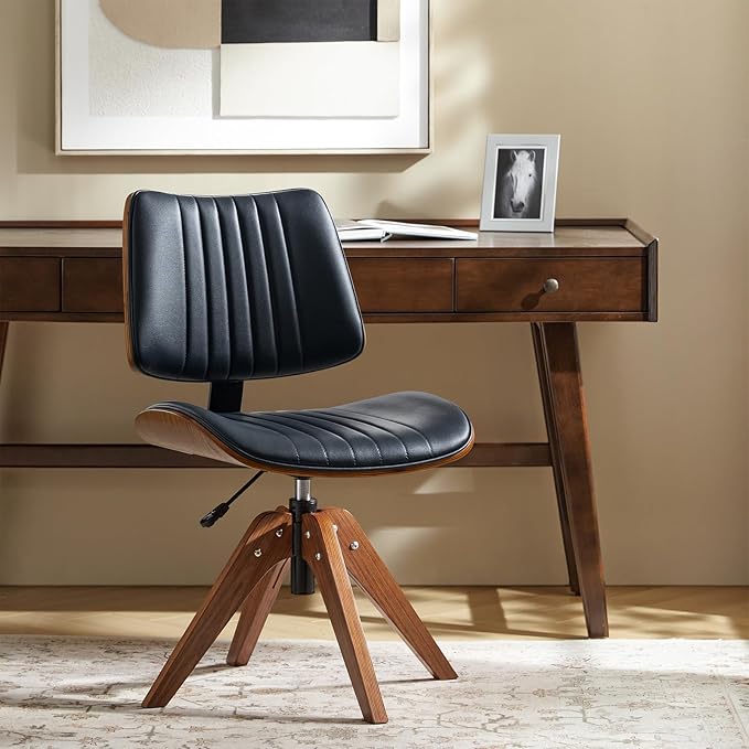HULALA HOME Faux Leather Home Office Chair with Solid Wood Legs, 360° Swivel Desk Chair No Wheels with Bentwood Design, Mid-Century Modern Wide Seat Computer Task Chair, Navy