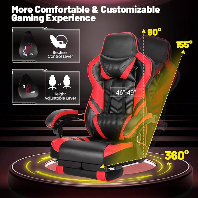 Goplus Gaming Chair, Computer Chair with Footrest and Lumbar Support, Height Adjustable Executive Swivel Rolling Task Chair with 90°-155° Tilt Function (Red)