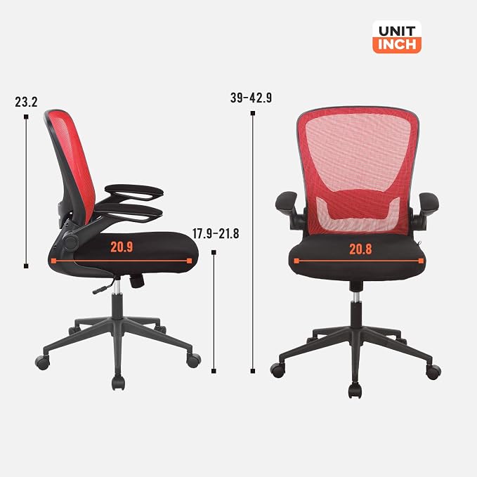 Home Office Chair Ergonomic Desk Chair Mesh Computer Chair with Lumbar Support Flip-up Arms Swivel Rolling Executive Task Chair Adjustable Chair for Adults(Red)