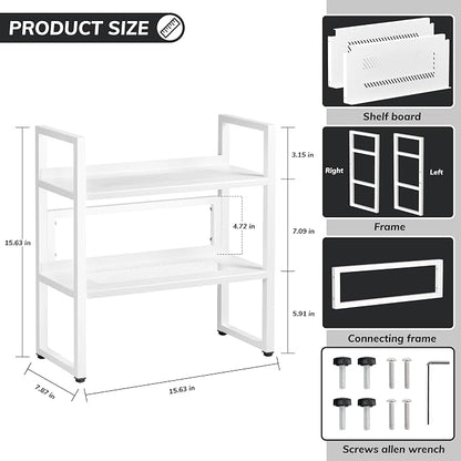 Brakki Desk Shelf Organizer, Adjustable 2 Tier Metal Desktop Shelves, Desktop Bookshelf Organization with Foot Mat, Multi-Functional Small Storage Rack for Office Dorm Home, White