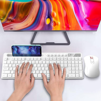 Wireless Keyboard and Mouse Combo, MARVO 2.4G Ergonomic Wireless Computer Keyboard with Phone Tablet Holder, Silent Mouse with 6 Button, Compatible with MacBook, Windows (White)