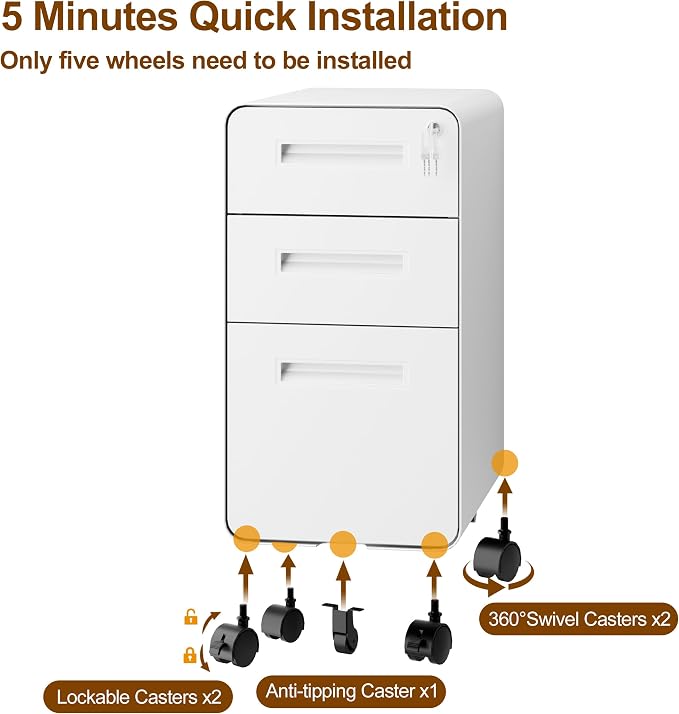 3 Drawers Slim File Cabinet, Mobile Filing Cabinet with Lock, Steel, Fully Assembled Except Casters, for Home Office, for A4, Letter, Legal File Folders, White