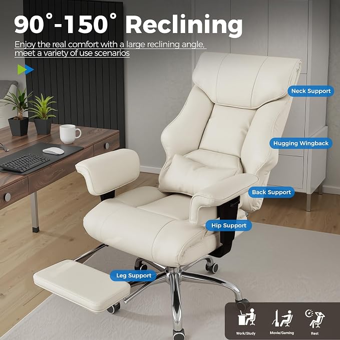 GTPLAYER Big and Tall Gaming Chair 400lbs Heavy Duty Office Chair with Foot Rest & Ergonomic Pocket Spring Cushion, High Back Lumbar Support for Lower Back Pain Relief, Beige