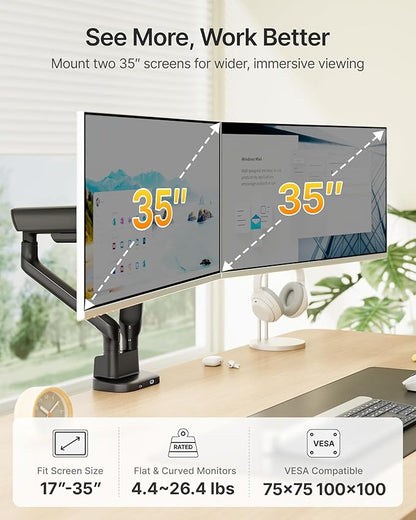 monTEK Dual Monitor Arm with USB, Mechanical Spring Desk Mount for 17 to 35 Inch Screens, Smooth Precision Bearings, Holds up to 26.4 lbs Per Arm, C-Clamp/Grommet Base, Perfect for Office Workspaces