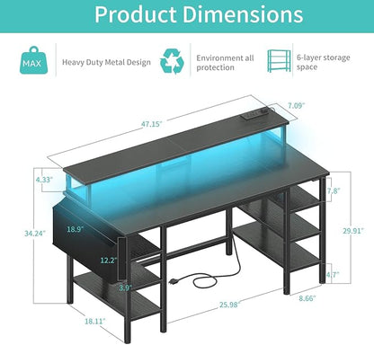 Lufeiya Gaming Desk with LED Lights and Storage Shelves, 47 inch Computer Desk with Power Outlets, Home Office Desk with Monitor Stand, Writing Table PC Desks, Black