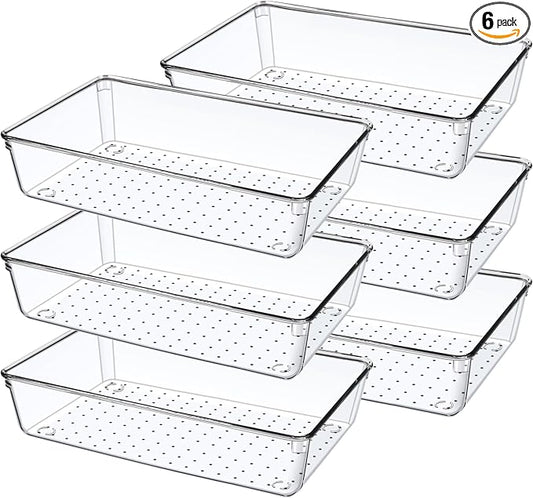 6 Pack Drawer Organizers, Plastic Clear Acrylic Non Slip Non Cracking kitchen drawer organizer Stackable Bathroom Drawer Organizer Trays, Storage Bins for Makeup, Bathroom, Kitchen Office