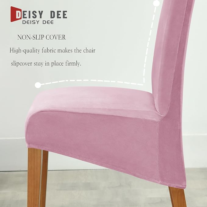 Deisy Dee Stretch XL/Oversized Extra Large Velvet Dining Room Chair Covers for Kitchen Dining，Removable Washable Chair Protectors Slipcovers (Pink, 4)