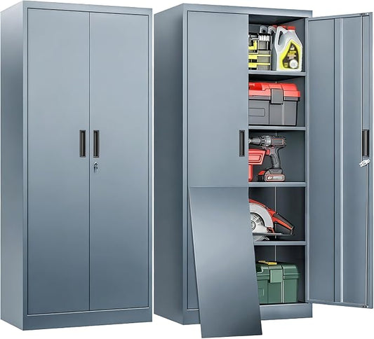 BESFUR Metal Garage Storage Cabinet with Locking Doors and 4 Adjustable Shelves, Gray Tall Storage Cabinets, Tool File Lockable Cabinet for Garage Office Warehouse Shop(71”H)