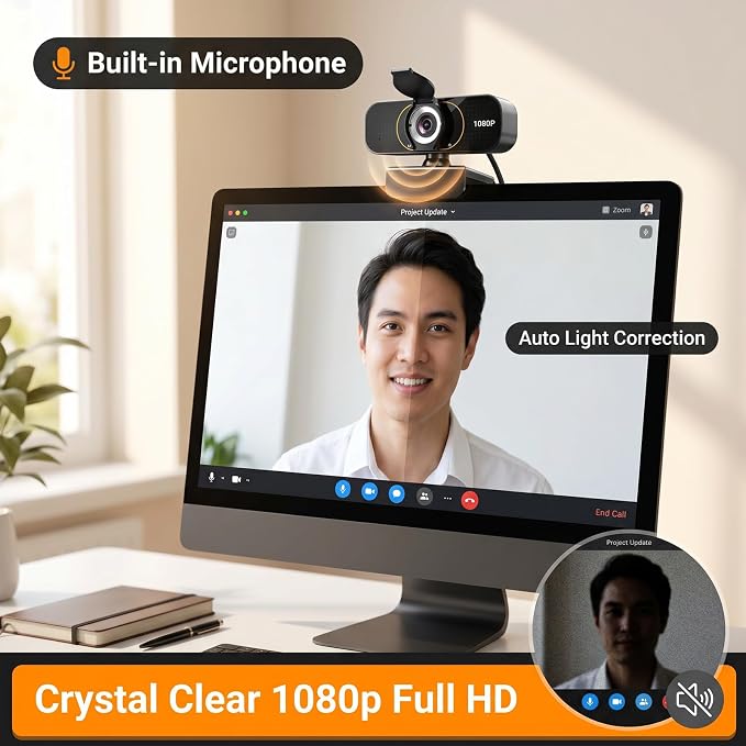 1080P Webcam for PC & Laptop with Microphone — Stay Connected | Plug and Play No Driver, Crystal Clear Video Auto Lighting, Privacy Physically Protected, Mount It Anywhere in Seconds