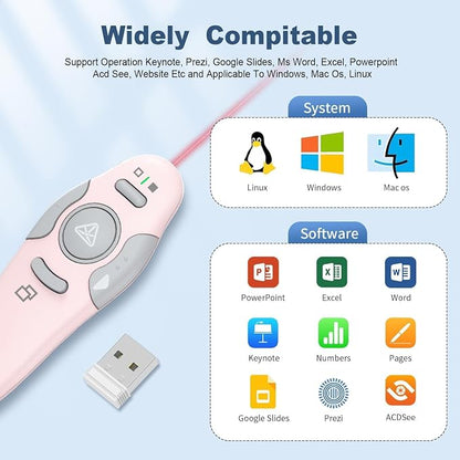 QUI Presentation Clicker Wireless Presenter Remote Clicker for PowerPoint Presentation Remote, PowerPoint Slide Advancer for Mac/Windows/Google Slide/Keynote, Pink, A