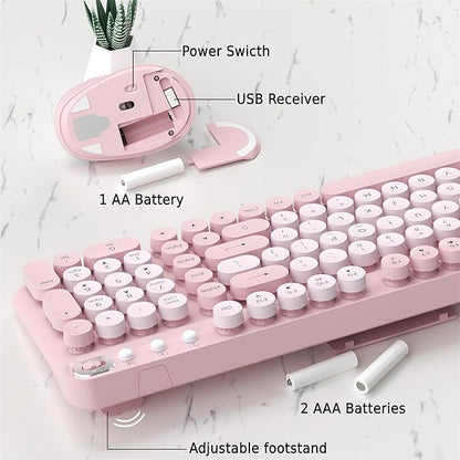 Wireless Keyboard and Mouse Combo, 2.4GHz USB Receiver, Plug and Play, Retro Full Size Typewriter Keyboard and Wireless Mouse for Computer, Laptop, Windows, Mac, and PC (Pink)