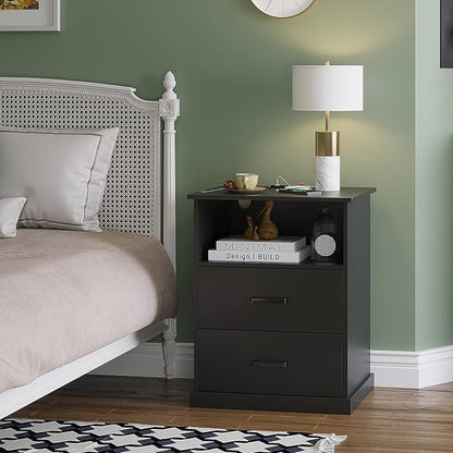 Hasuit Night Stand Set of 2 with Charging Station, Large Nightstands with Storage Drawers and Open Cubby, Black Bedside Side End Table for Home Office, Wider Tabletop 19.0'' x 15.0''