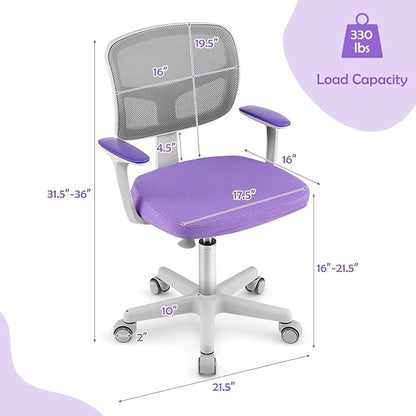 Kids Desk Chair, Height Adjustable Children Study Chair w/Lumbar Support, Swivel Mesh Seat, Universal Casters, Ergonomic Kids Task Chair for Boys Girls Aged 3-10, Home, School, Office (Purple)