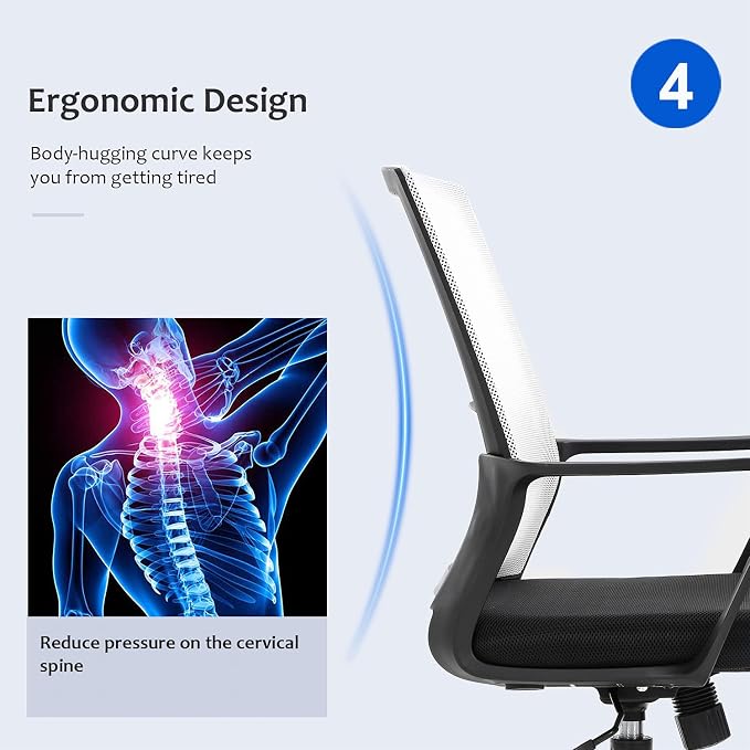 Office Chair Ergonomic Desk Task Chair Mesh Computer Chair Mid-Back Mesh Home Office Swivel Chair Modern Executive Chair with Wheels Armrests Lumbar Support(White)