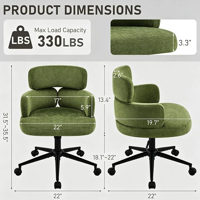 Home Office Chair with Unique Curved Back, Upholstered Wide Seat Desk Chair with Wheels,Swivel Tilt & Height Adjustable, Plush Velvet Fabric Matel Base for Office Study, Green