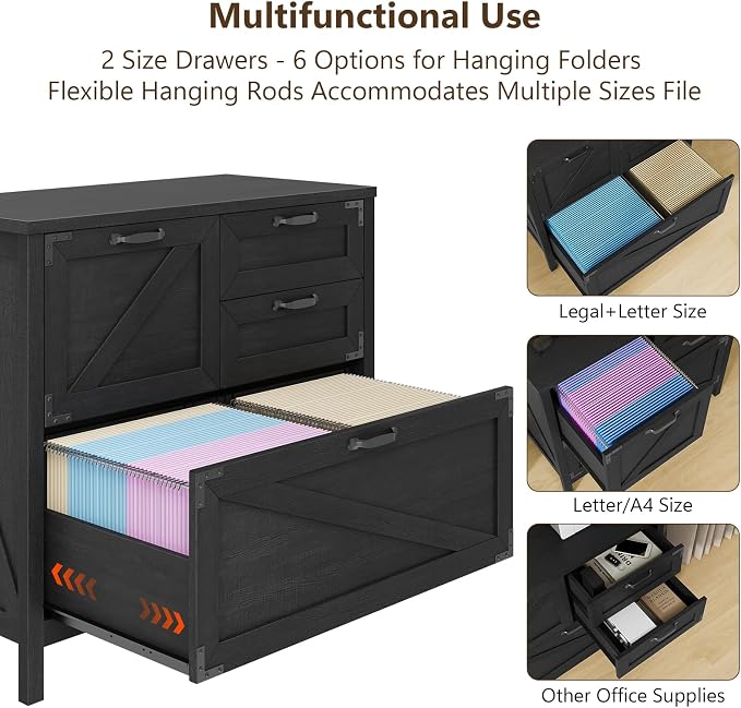 Halitaa Lateral File Cabinet with 4 Drawers, Farmhouse File Cabinet for Letter/Legal/A4 Size Hanging Files, Large Wood File Storage Cabinets Printer Stand for Home Office Cabinets, Black