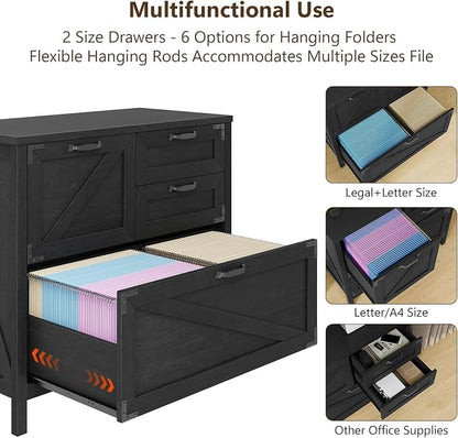 Halitaa Lateral File Cabinet with 4 Drawers, Farmhouse File Cabinet for Letter/Legal/A4 Size Hanging Files, Large Wood File Storage Cabinets Printer Stand for Home Office Cabinets, Black