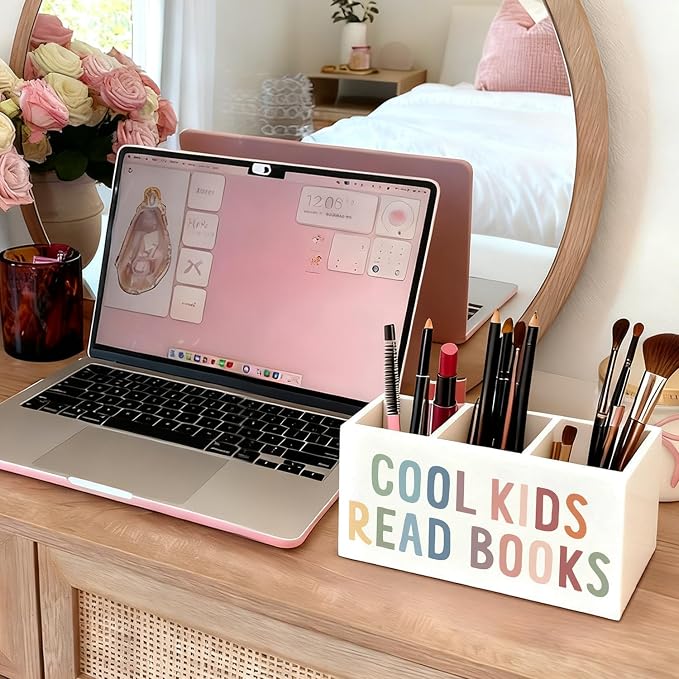 Book Lovers Gifts Pen Holder, Book Reader Gifts Pencil Holder for Desk, Boho Cool Kids Read Books Wooden Box Sign Decorations for Reading Room Corner Nook Classroom Desk Tabletop
