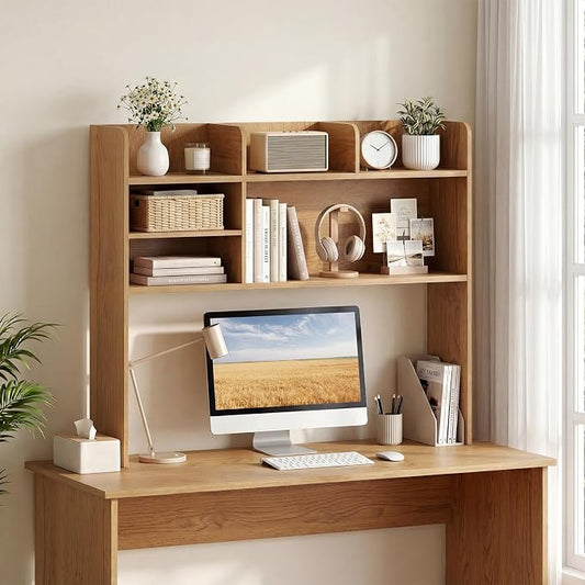 LDAILY 3-Tier Desktop Bookshelf, Wooden Desk Hutch for Computer Monitor Up to 32 Inch, Desk Organizer Shelf with Adjustable Shelf & 6 Storage Shelves, Desk Display Rack for Home Office Dorm (Natural)