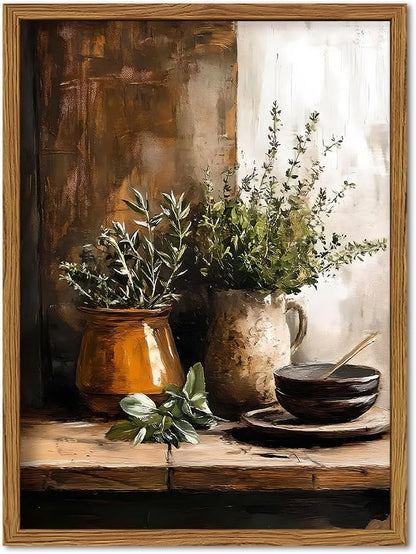 Framed Vintage Kitchen Wall Art, Rustic Herbs Pictures Wall Decor Paintings, Farmhouse Cottagecore Botanical Canvas Prints Moody Home Decor Aesthetic for Dining Room Living Room 12x16 inch