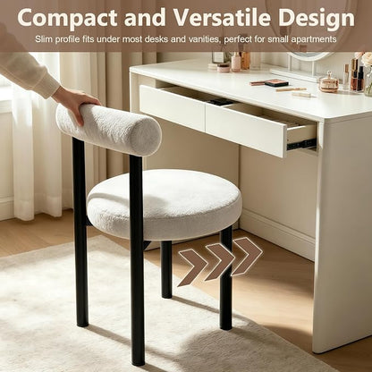 Cute Small Armless Desk Chair, Ergonomic Comfy Vanity Chairs Lumbar Support with Back for Makeup, Teddy Fabric Computer Desk Chair for Home, Bedroom, Vanity, Teens, Adults