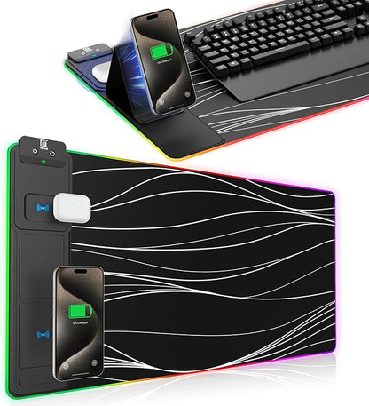 XXL Mouse Pad with Phone Holder - Black, RGB Desk Mat with 15W Fast Charging, LED Gaming Mousepad with 11 Light Colors, Waterproof Non-Slip Pad for Office & Home (Wave)