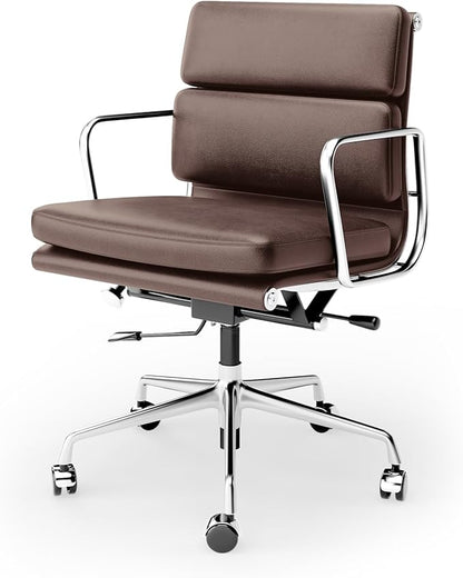 Genuine Leather Office Chair, Padded Mid Back Ergonomic Executive Desk Chair with Aluminum Arm Rest and Base, Swivel Wheels with Lumbar Support & Tilting Function, Hight Adjustable Dark Brown