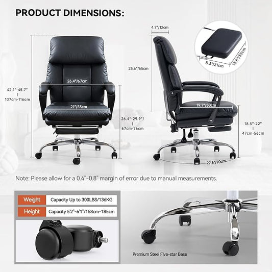 EMIAH Heated and Massage Office Chair with Foot Rest, Executive Office Chair Reclining High Back PU Leather Comfy Swivel Computer Desk Chairs with Wheels and Lumbar Support for Home Office，Black