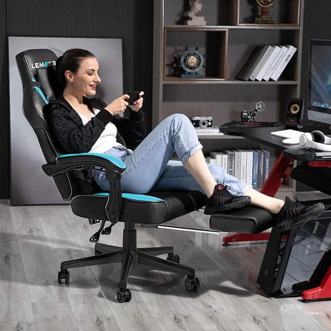 LEMBERI Big and Tall Gaming Chair 400lb Capacity, Heavy-Duty Office Chair with Reinforced Footrest, Wide Seat High Back PC Desk Chair with Linkage Armrests, Thickened Steel Frame, PU Leather, Blue