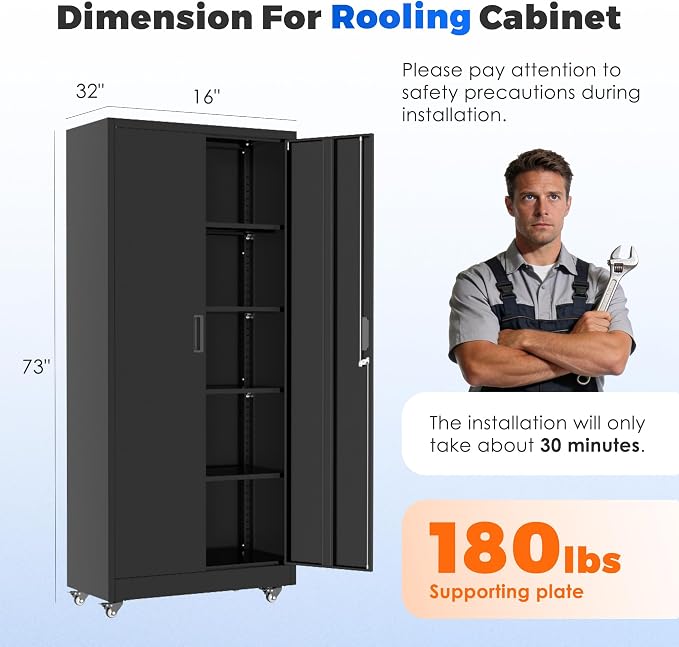 INTERGREAT Metal Storage Cabinet with Wheels, 72" Garage Storage Cabinets with Door and 4 Shelves, Tool Storage Locker on Caster for Home, Office, Black