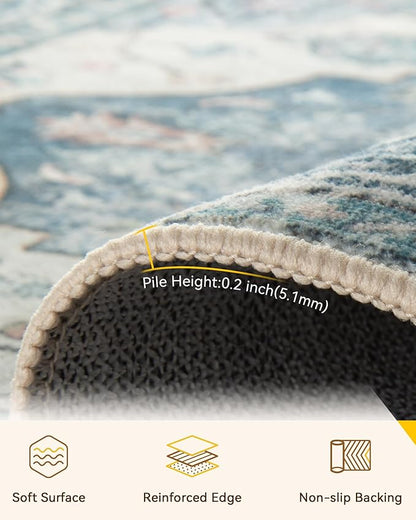RELEANY Area Rugs Large 10'x14' Washable Non-Slip, Floral Vintage Distress Medallion Carpet for Living Room Bedroom Dining Room, Dark Blue Vintage