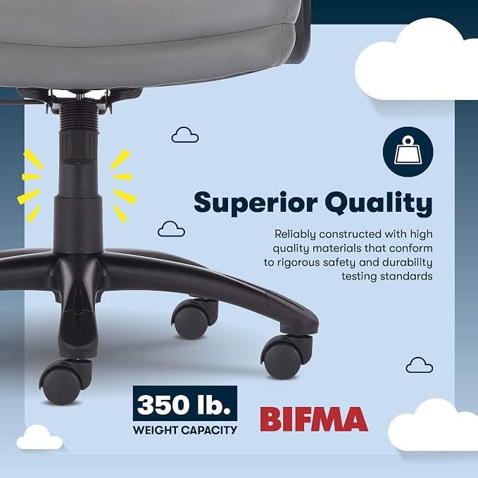 Serta Comfort Executive Big & Tall Office Chair, Ergonomic High-Back Computer DeskChair, Semi Plush Cushion Seat, Soft Padded Armrests, SertaQuality Foam, Metal Swivel Base, Bonded Leather, Gray