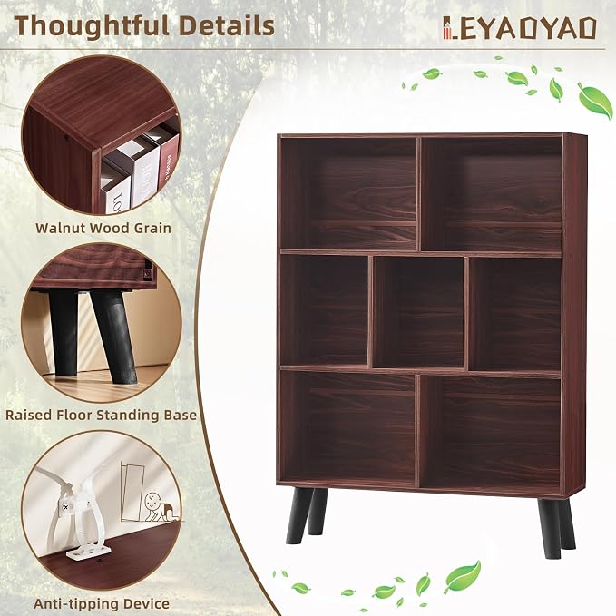 LEYAOYAO 7 Cube Bookshelf 3-Tier Bookcase with Legs, Mint-Walnut Kids Book Shelf Cute Storage Organizer, Toy Shelves Bookshelves,Wood Display Bookcases