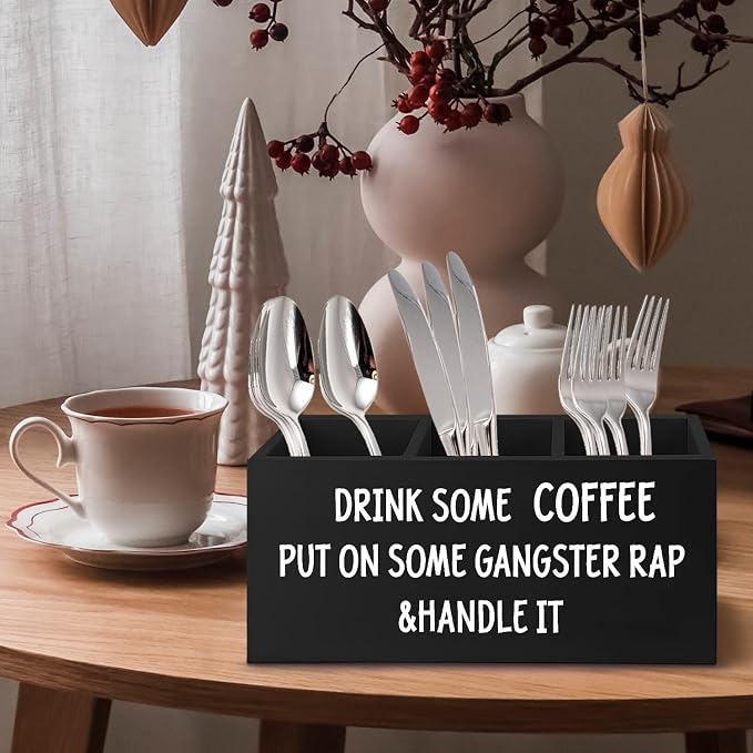 Funny Coffee Wooden Pen Pencil Holder for Office Desk Accessories, Inspirational Gifts for Coworkers Coffee Lovers Women Men Friends, Humorous Quote Makeup Brush Toothbrush Holder Organizer