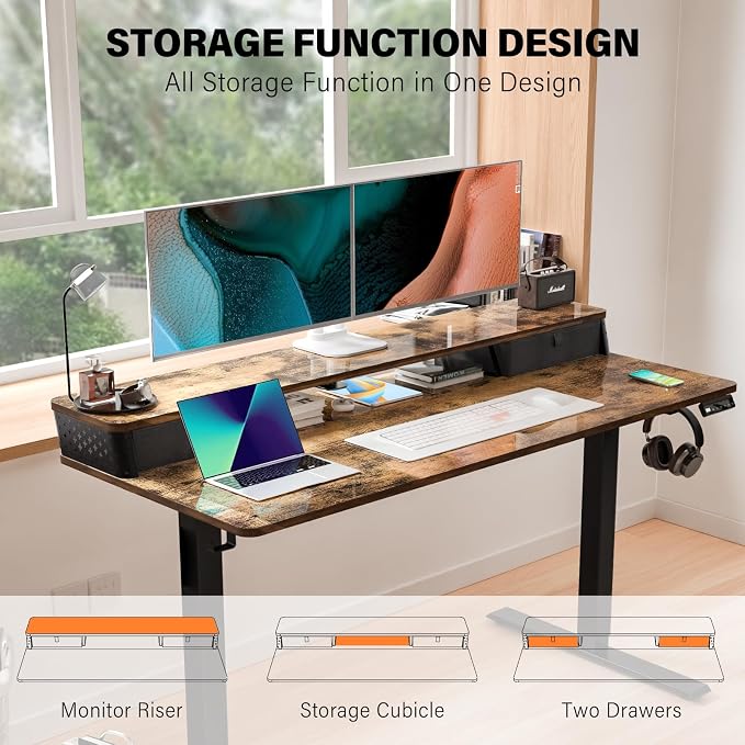 Electric Standing Desk with Two Drawers,55 x 24 Inch Sit Stand Desk Adjustable Height, Stand Up Desk with Storage Shelf, Computer Workstation for Home Office, Rustic Brown