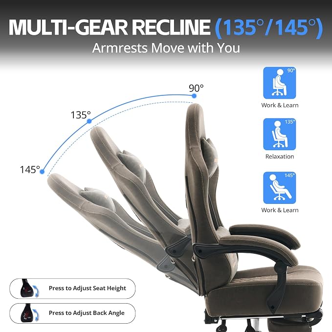 Desk Computer Gaming Chair - Ergonomic Game Office Chair with Extended Footrest and Massage Lumbar Support, Home Gamer Video Game Chairs with Spring Cushion for Adults (Pro Grey Leather)