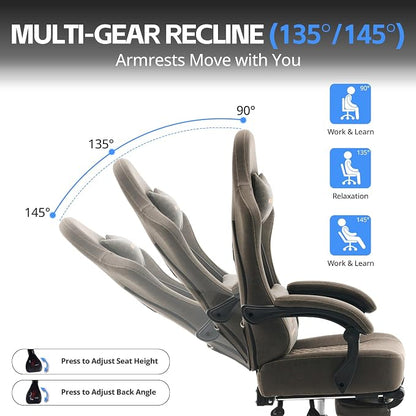 Desk Computer Gaming Chair - Ergonomic Game Office Chair with Extended Footrest and Massage Lumbar Support, Home Gamer Video Game Chairs with Spring Cushion for Adults (Pro Grey Leather)