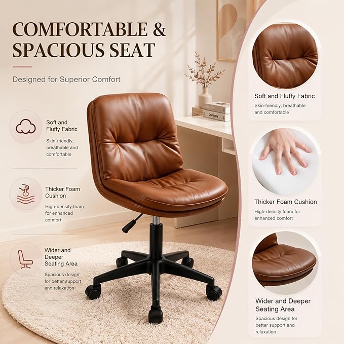 Vanity Chair with Back, PU Leather Swivel Office Desk Chair, Height Adjustable Armless Chair for Small Spaces, Bedroom, Vanity, Home Office （Brown）