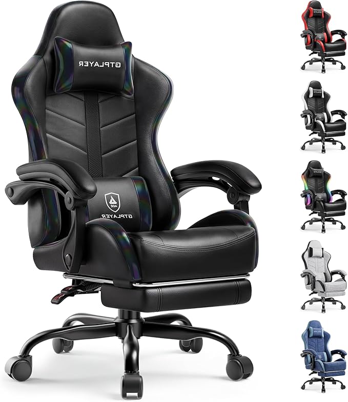 GTPLAYER Gaming Chair with Footrest, Computer Gaming Chair for Adults, Height Adjustable Gamer Chair with 90-155° Recline & Removable Headrest Lumbar Support, 01 Iridescent Black
