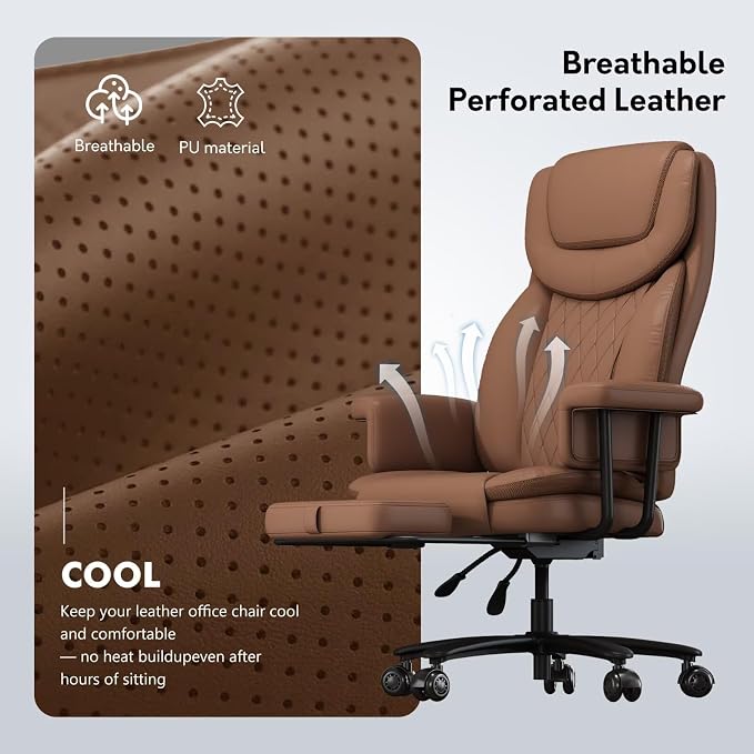 Executive Office Chair Big and Tall 500LBS, 165° Reclining Heavy Duty Office Chair with Footrest & Quiet Rubber Wheels, Height Adjustable, Soft Strong Padded Arms, Brown