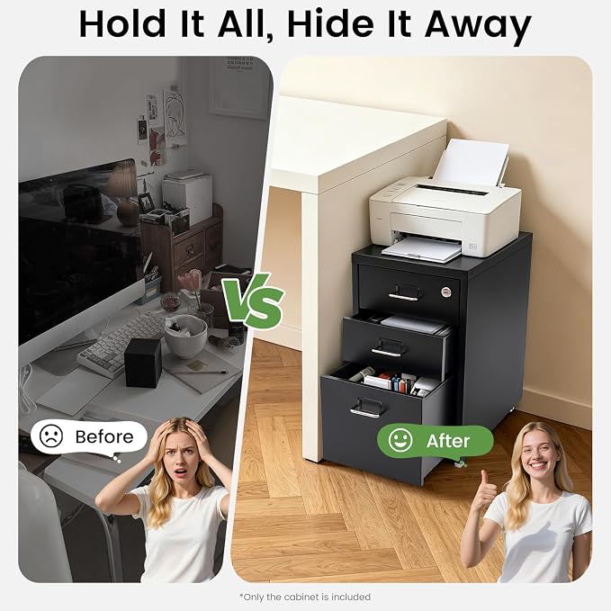 3-Drawer File Cabinet with Lock, Metal Mobile Filing Cabinet Vertical Storage Under Desk for Home Office Fits Legal Letter Document