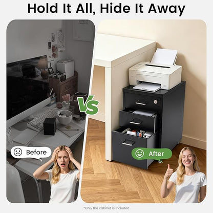 3-Drawer File Cabinet with Lock, Metal Mobile Filing Cabinet Vertical Storage Under Desk for Home Office Fits Legal Letter Document