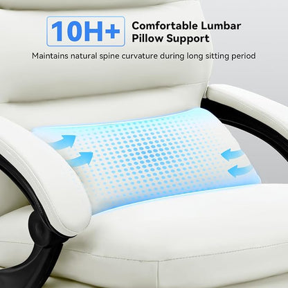 Holiwei Office Chair with Footrest, Big and Tall 400lbs Executive Desk Chair with Thickened Lumbar Support Pillow, High Back PU Leather Reclining Computer Chair, Ergonomic Swivel Task Chair, White