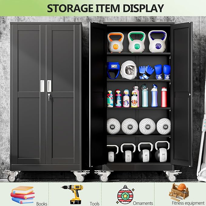 Metal Garage Storage Cabinets and storage system, 71”Tall Rolling utility cabinet with Wheels, Lock, 4 Adjustable Shelves, Heavy Duty Steel Tool Locker for Home Office, Utility Room, Gym,Black